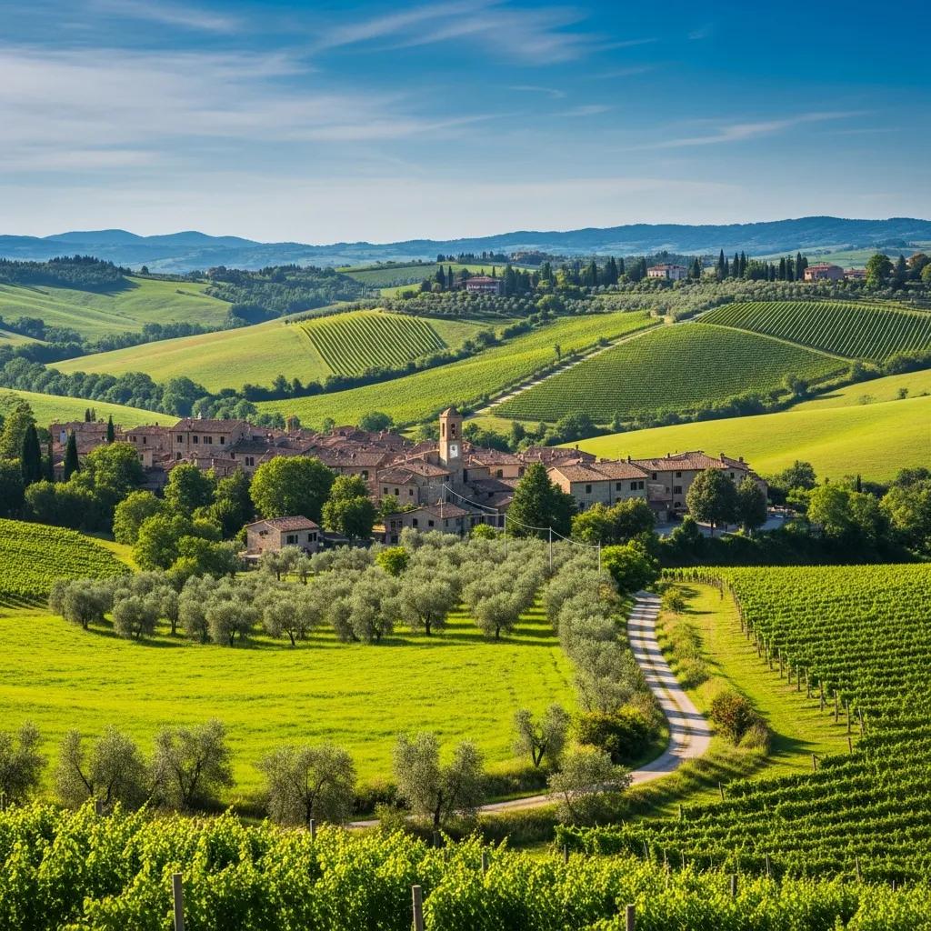 Picturesque Italian landscape with rolling hills and quaint village