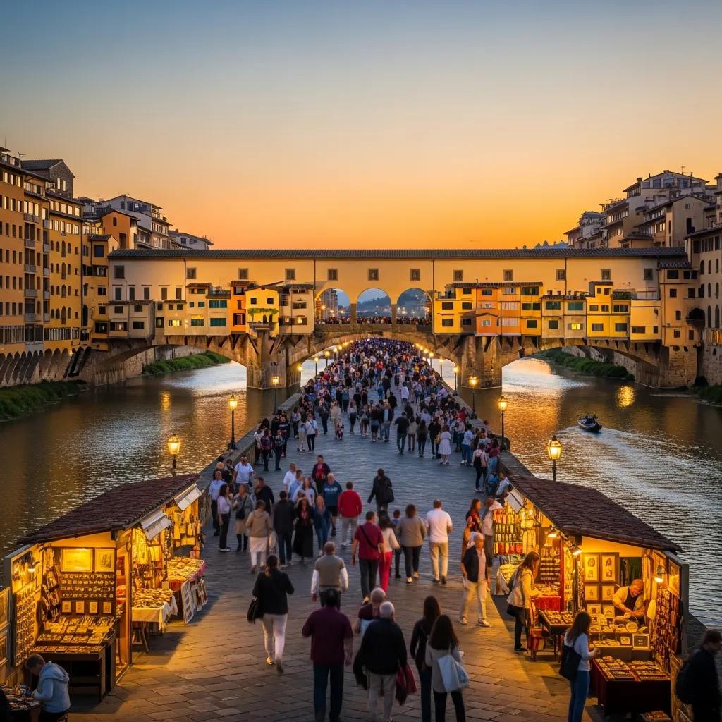 Ponte Vecchio with shops and visitors along the Arno River at sunset