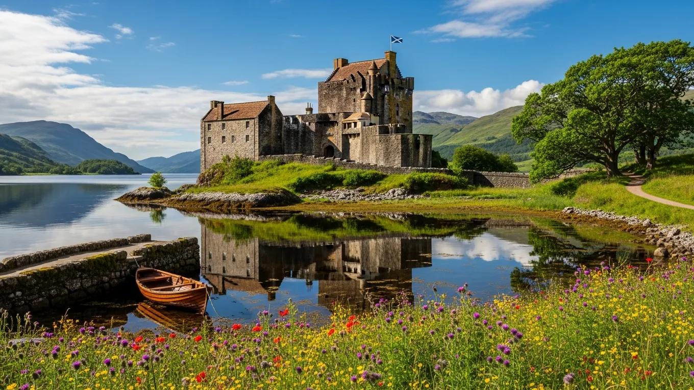 Scenic view of a Scottish castle with lush landscapes, representing the best things to do in Scotland
