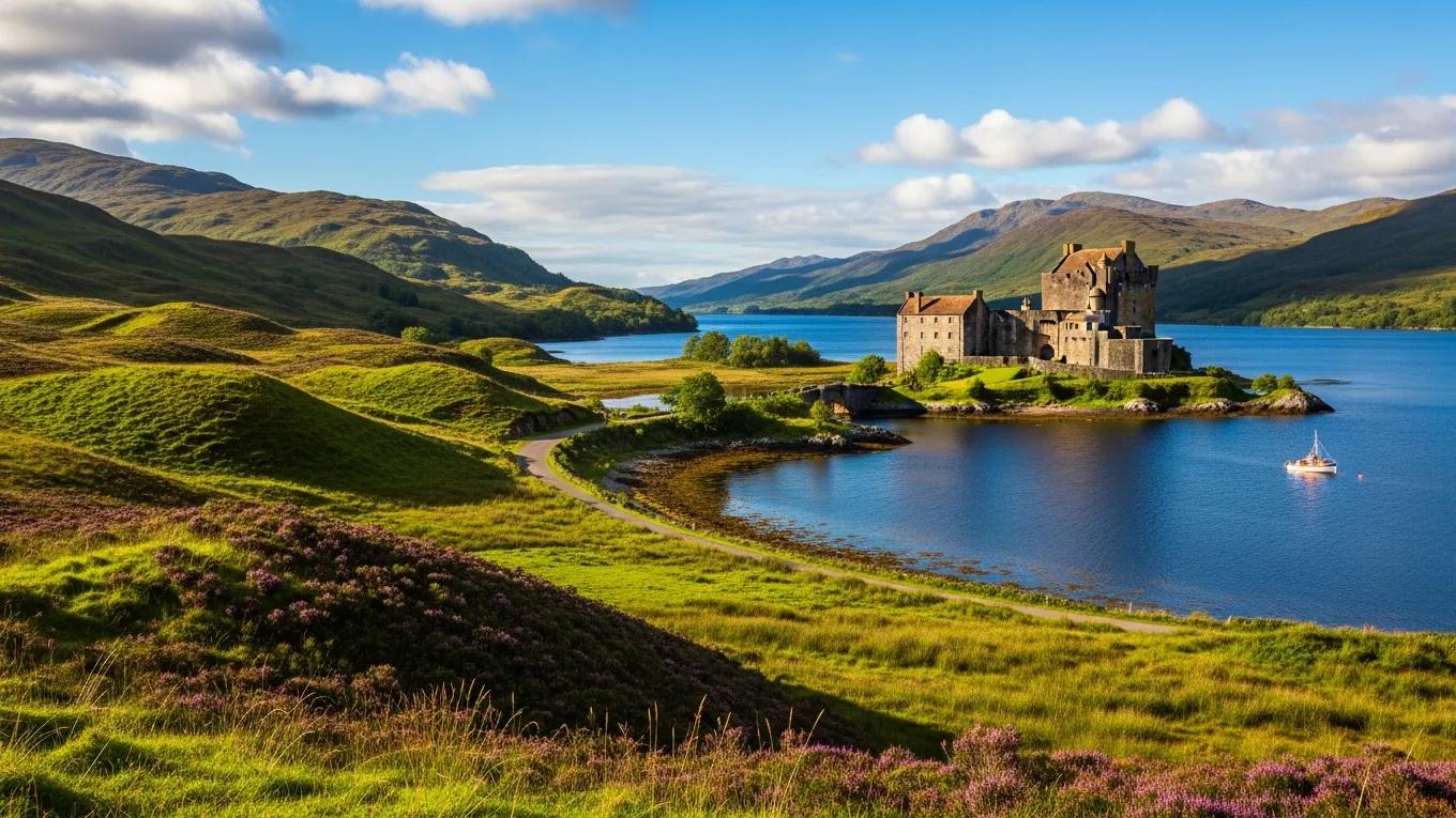 Scenic view of a Scottish landscape featuring a castle, loch, and rolling hills