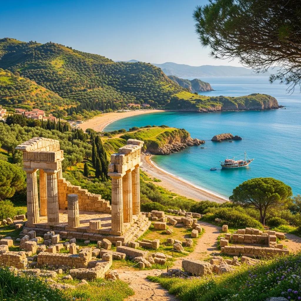 Scenic view of Sicily's coastline with ancient ruins and lush landscapes