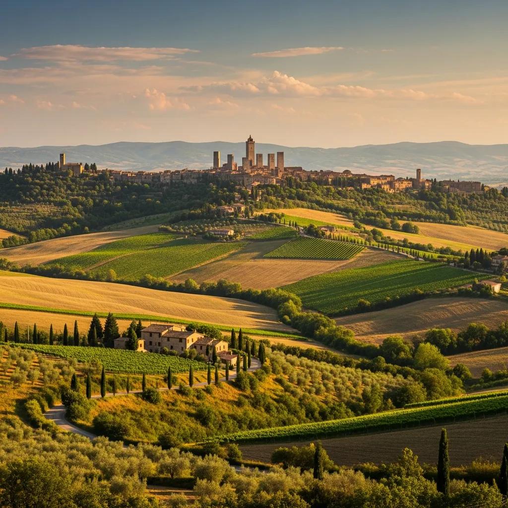 Scenic view of the Tuscan countryside with vineyards and medieval towns