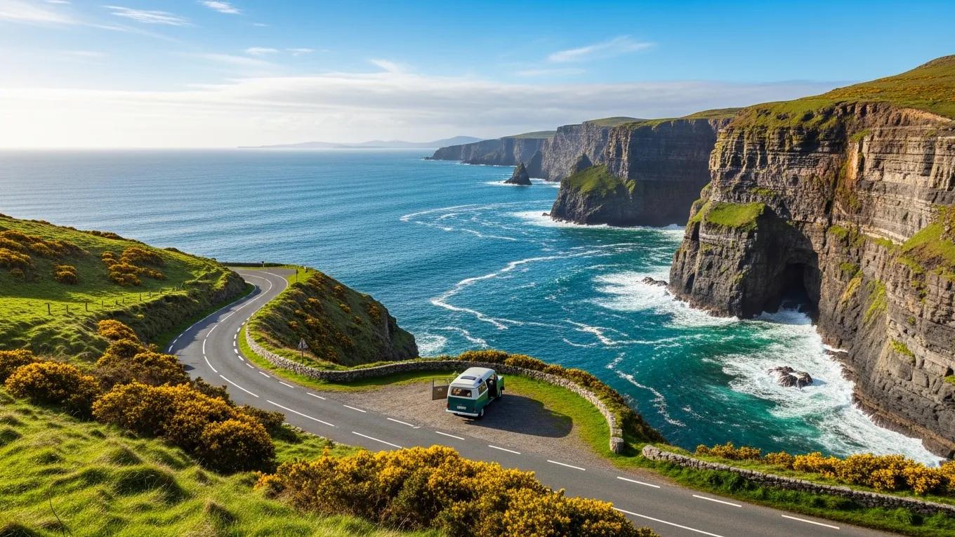 Scenic view of the Wild Atlantic Way in Ireland, highlighting the coastal road and stunning ocean views