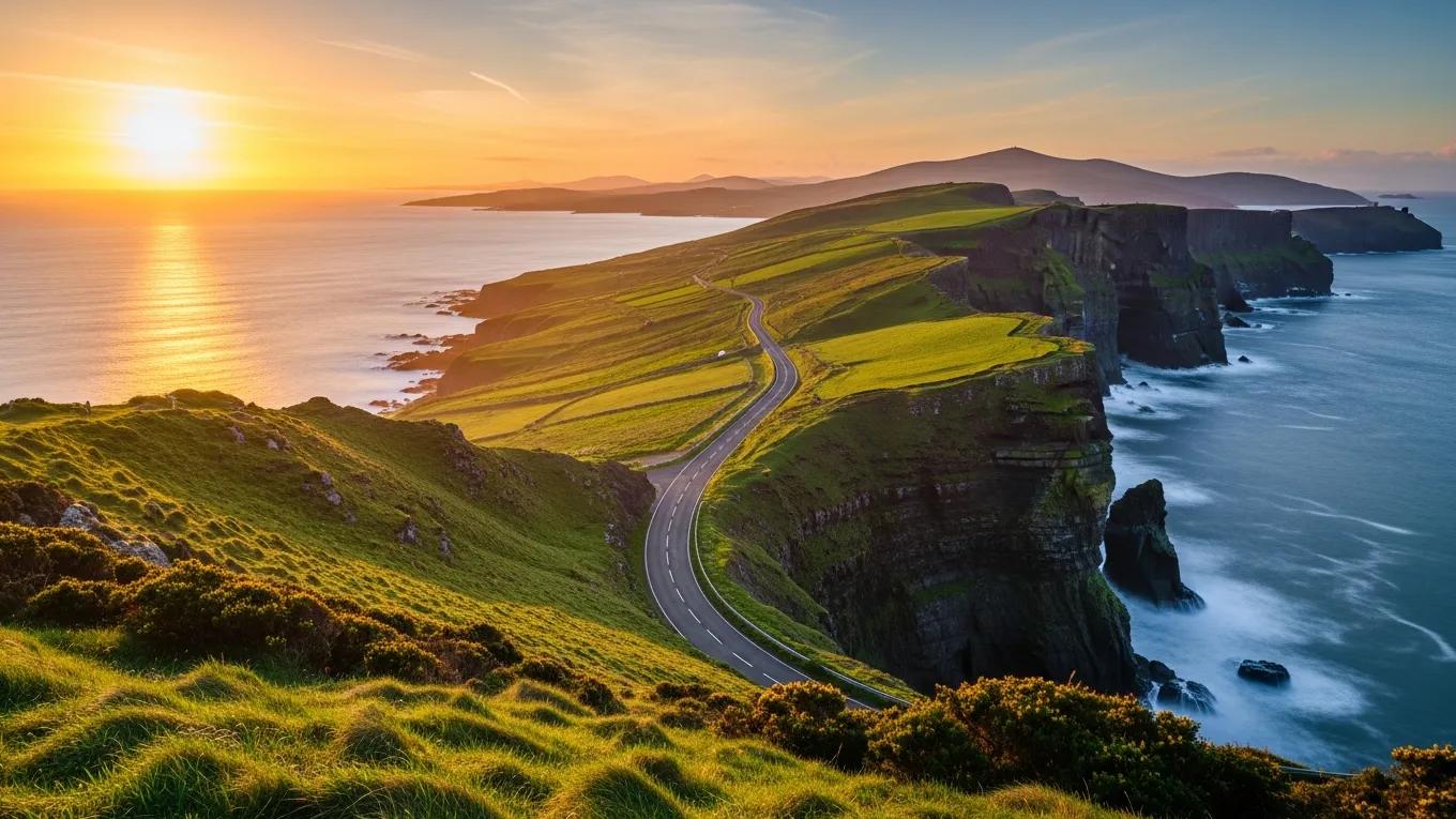 Scenic view of the Wild Atlantic Way with cliffs and a winding road along the coast