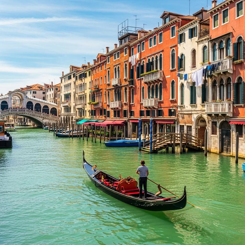 Scenic view of Venice canals with gondolas and historic buildings