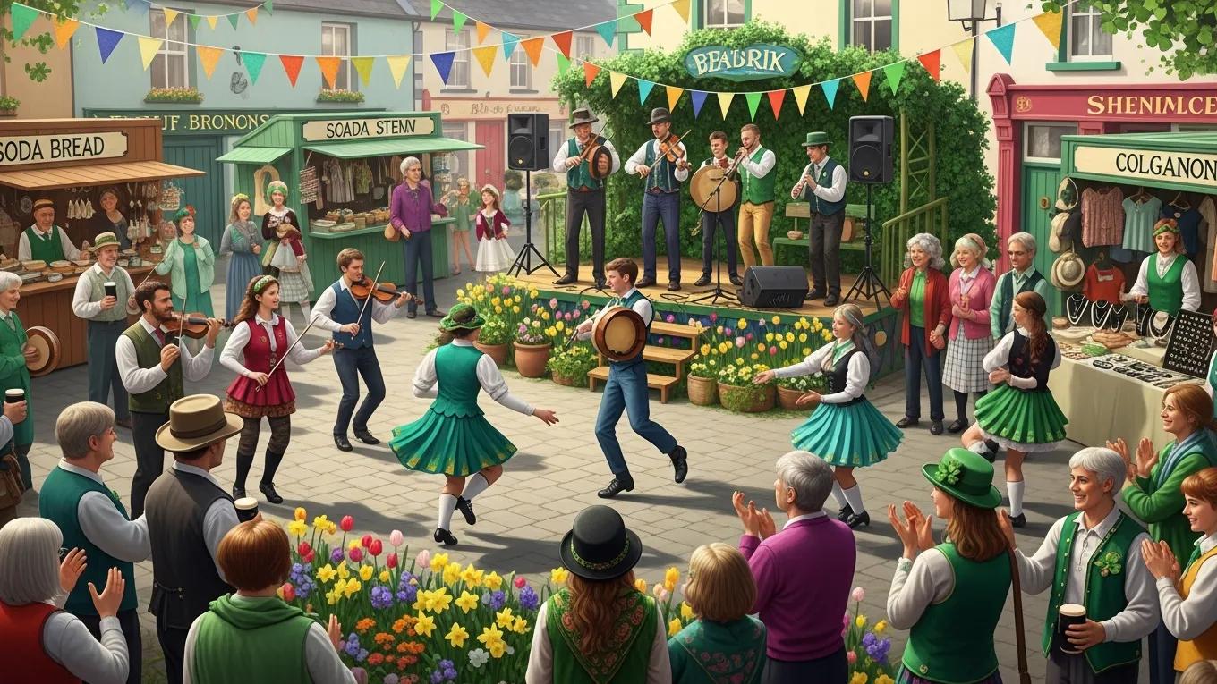 Spring festival in Ireland with people dancing and enjoying traditional music amidst colorful decorations and blooming flowers.