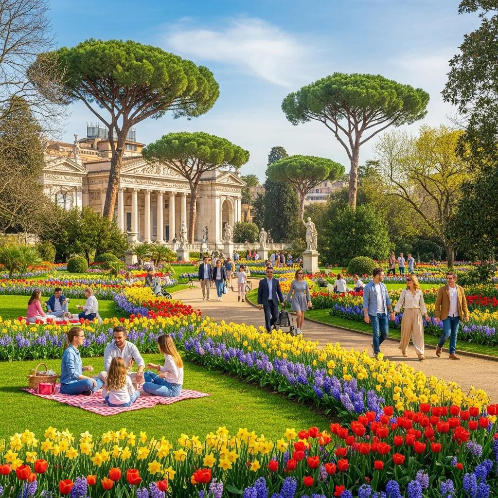 Spring in Rome with blooming flowers and people enjoying the park