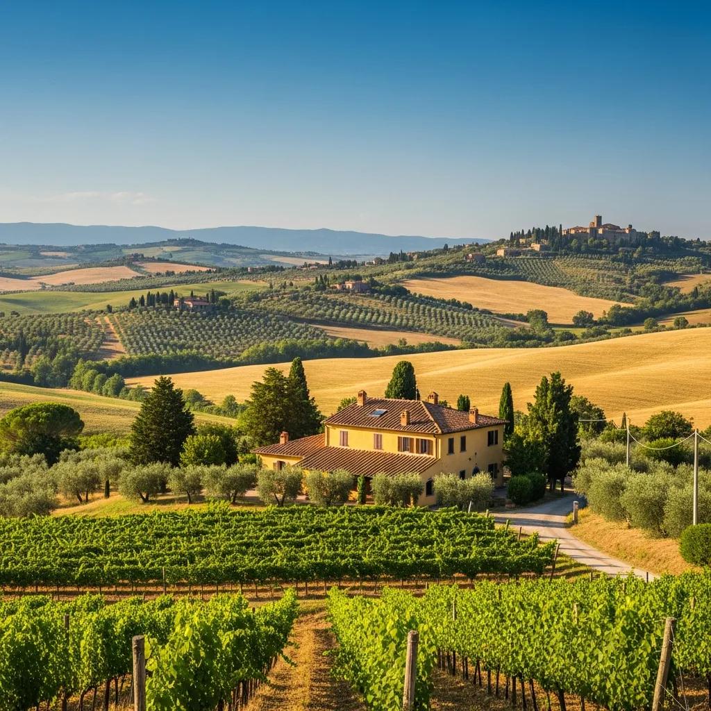 Stunning Italian landscape with a villa and vineyards, representing travel experiences in Italy