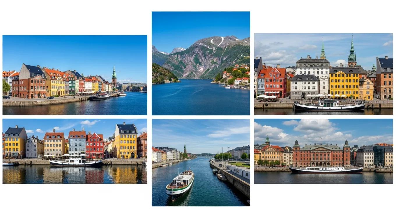 Stunning landscape of Scandinavia featuring Nyhavn, Norwegian fjords, and Stockholm architecture