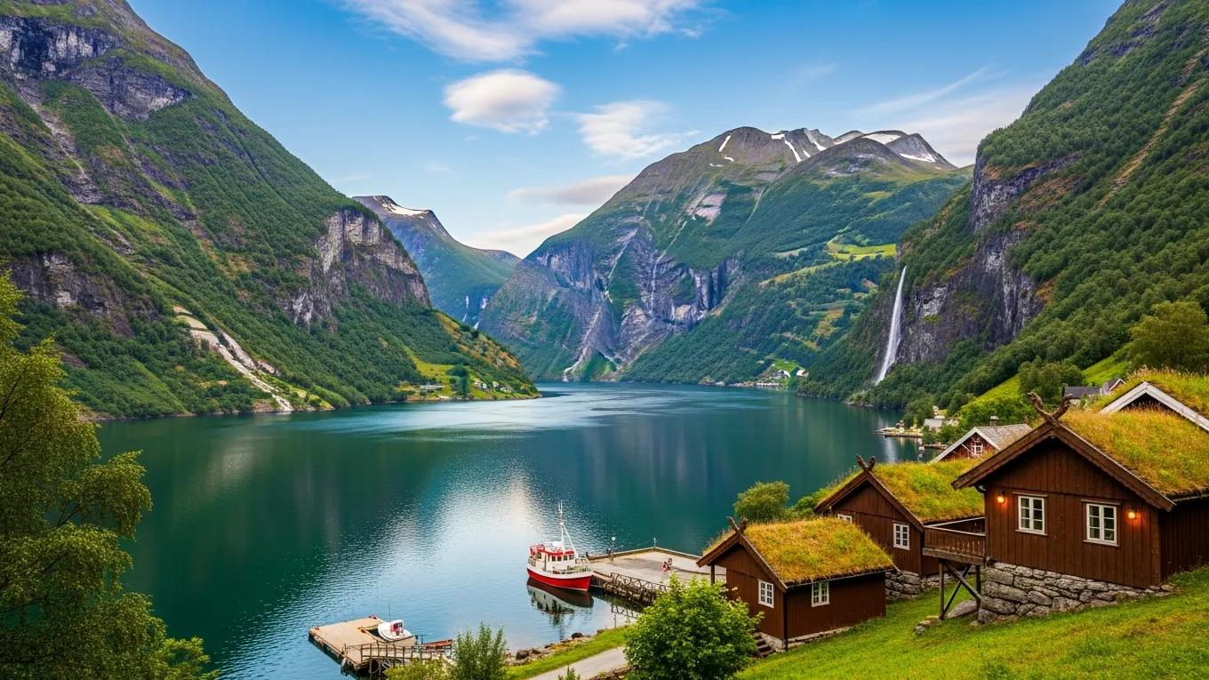 Stunning Norwegian fjord landscape with mountains and traditional architecture