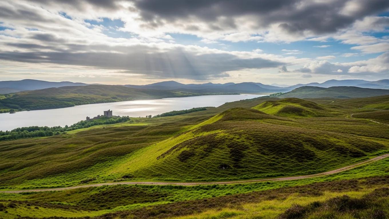 Stunning Scottish landscape with hills and a loch, representing the best time to visit Scotland