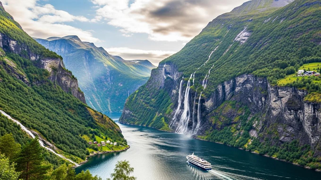 Stunning view of Norway's fjords with cliffs and blue waters, highlighting the country's natural beauty