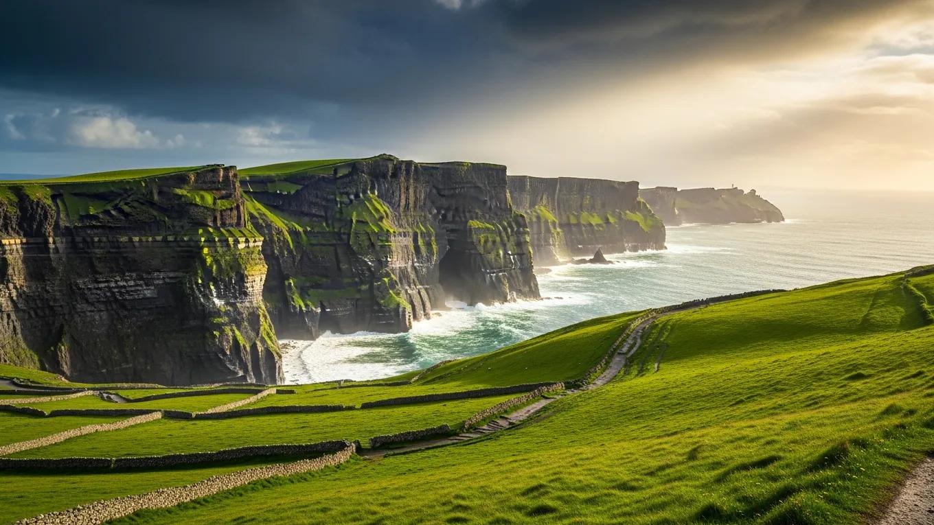 Stunning view of the Cliffs of Moher in Ireland with lush green hills and the Atlantic Ocean