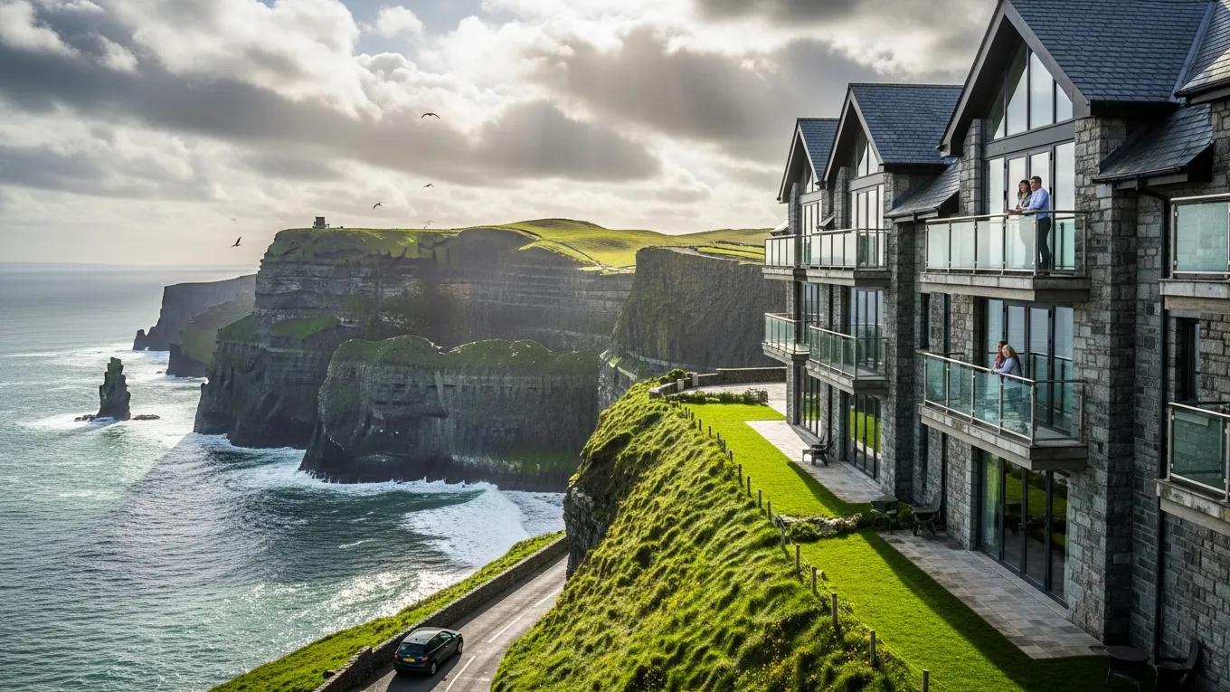 Stunning view of the Cliffs of Moher with nearby hotel showcasing unique accommodations in Ireland