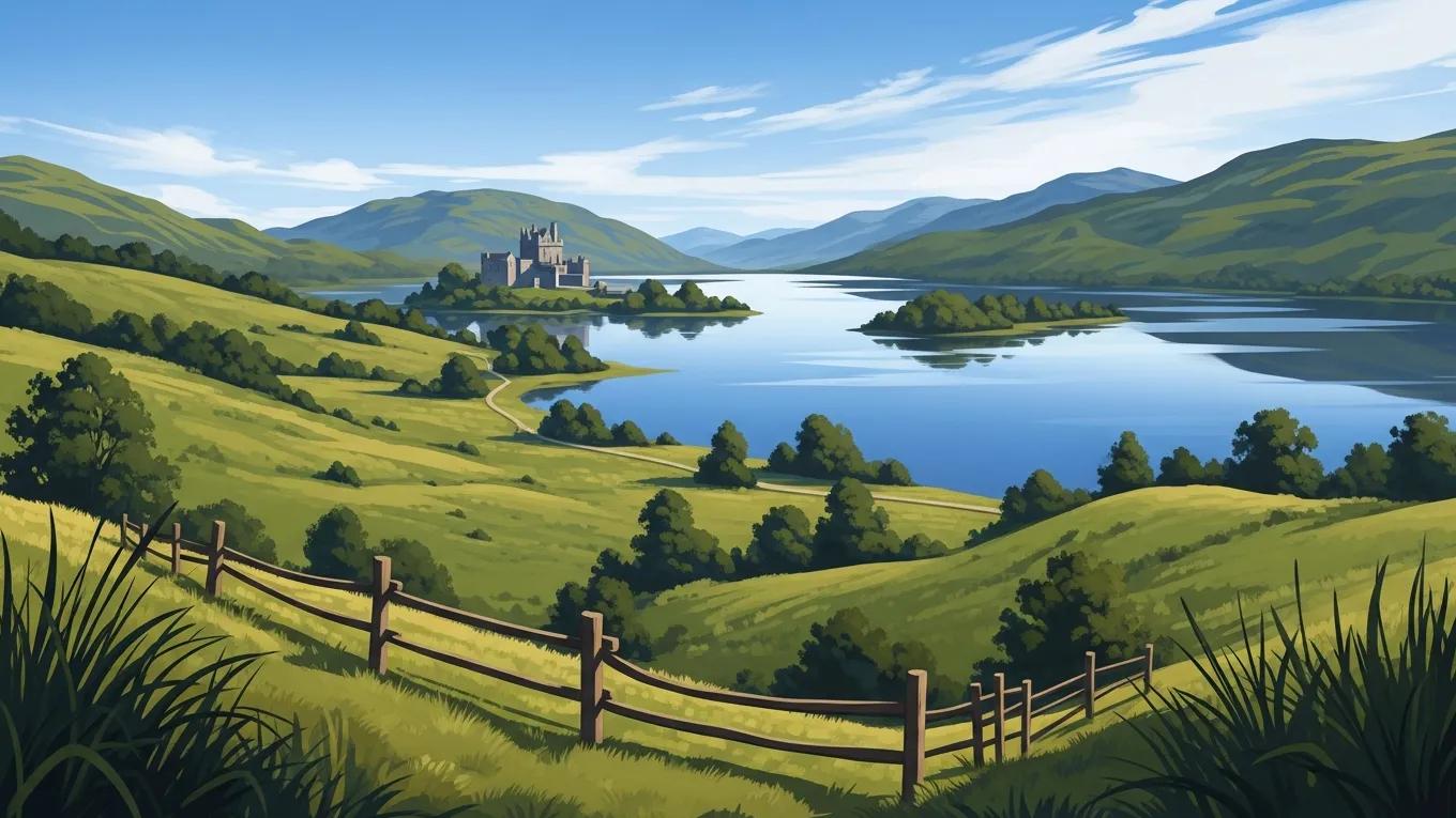 Stunning view of the Scottish Highlands with a loch and castle, representing the essence of a Scotland itinerary