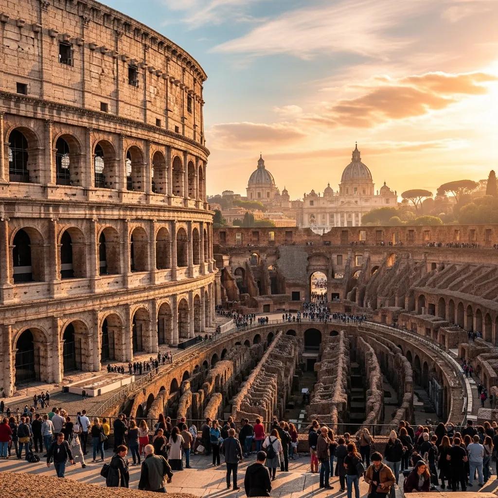 The Colosseum at sunset with visitors, showcasing its grandeur and the Vatican Museums in the background