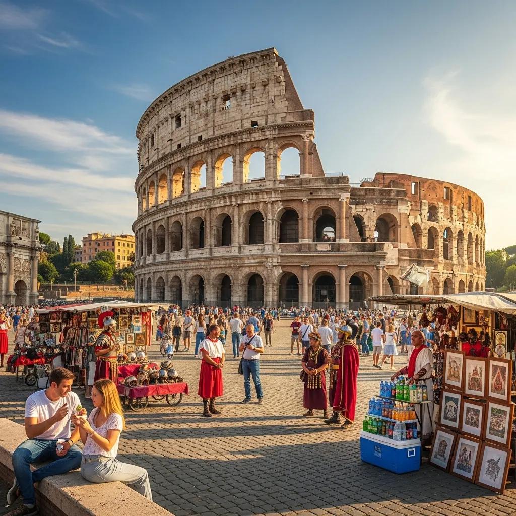 Tourists exploring the Colosseum with a vibrant atmosphere of ancient Rome