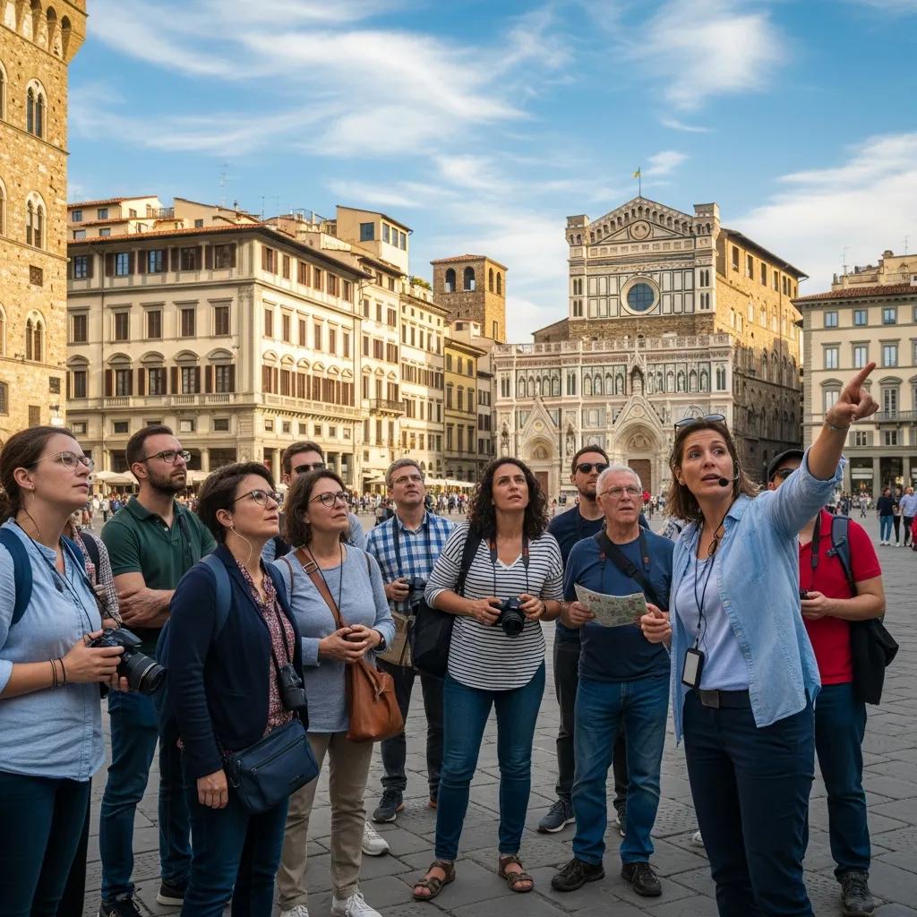 Tourists on a guided walking tour in Florence with historical landmarks
