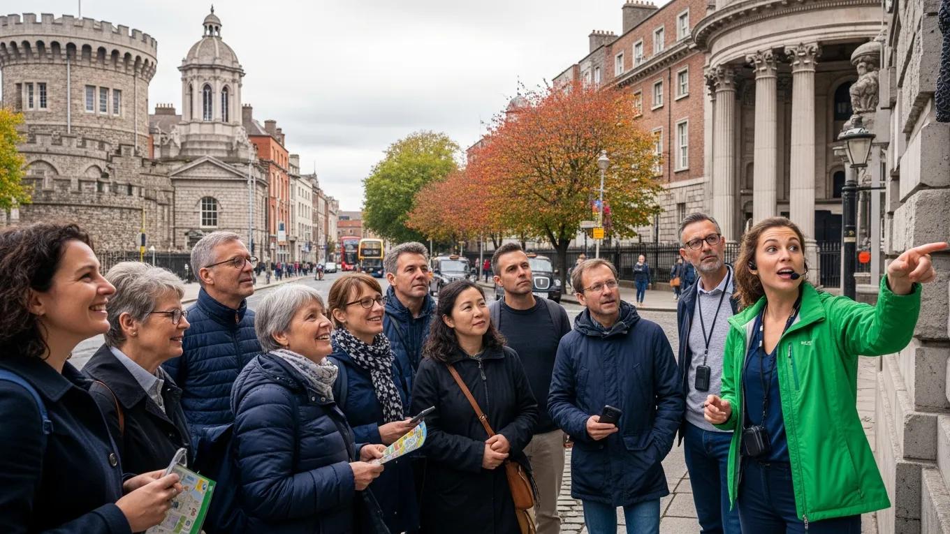 Tourists on a walking tour in Dublin exploring historical sites