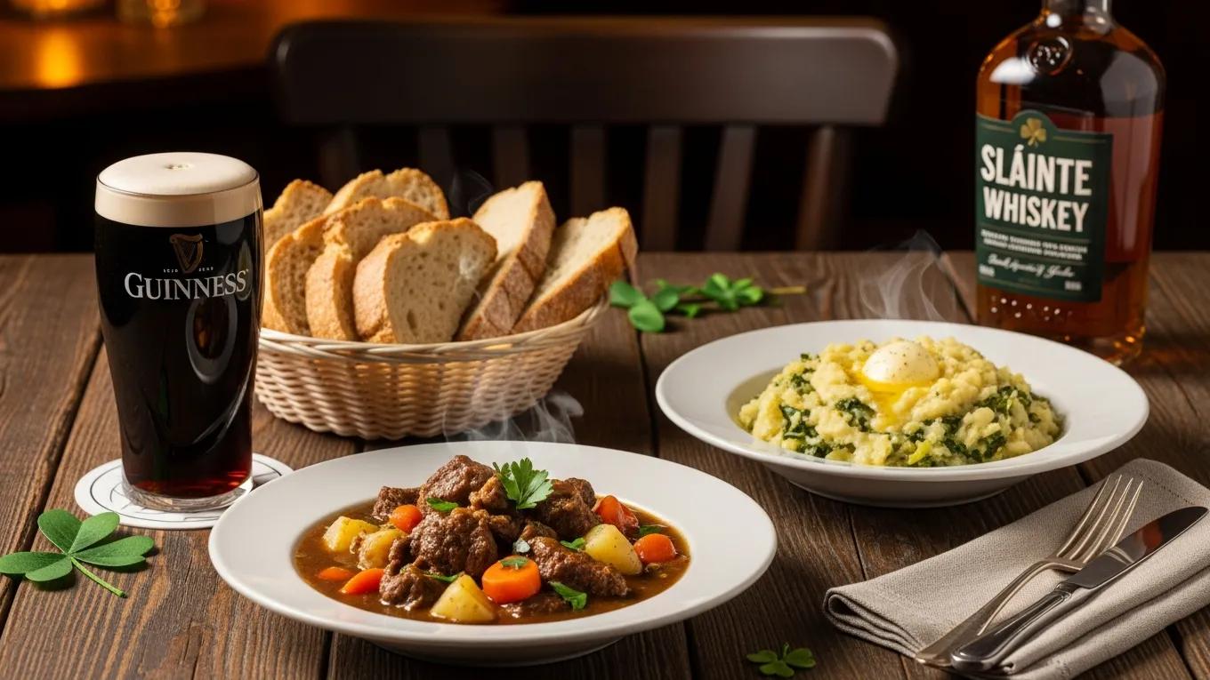 Traditional Irish dishes including Irish stew and soda bread, with Guinness and whiskey in a cozy pub setting