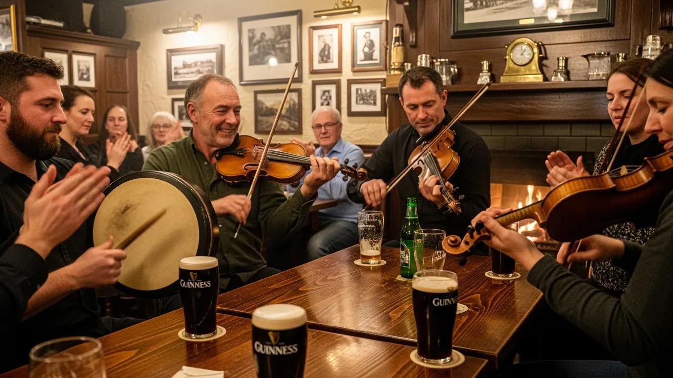 Traditional Irish music session in a pub, featuring musicians and patrons enjoying the lively atmosphere