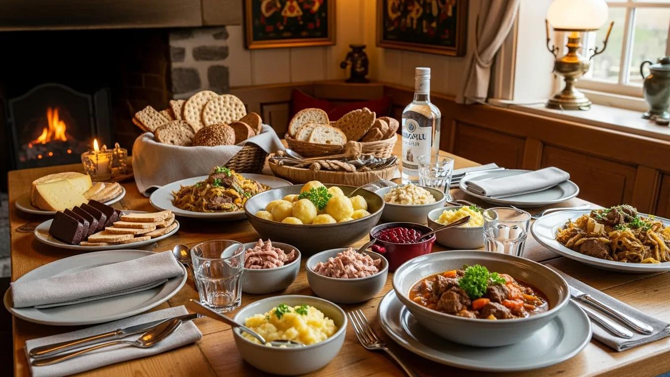Traditional Norwegian cuisine displayed in a cozy dining setting, emphasizing local flavors