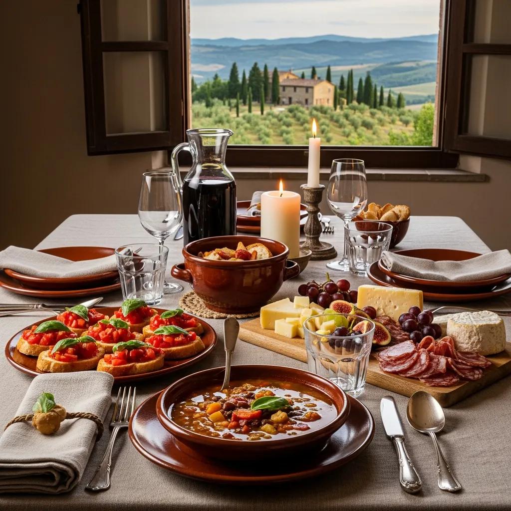Traditional Tuscan dishes beautifully presented on a rustic table