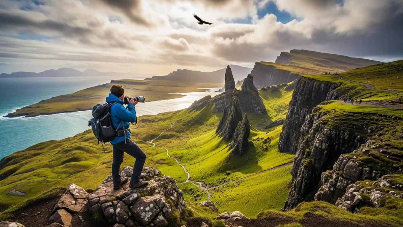 Traveler exploring the scenic Isle of Skye, highlighting key destinations in Scotland's travel itineraries