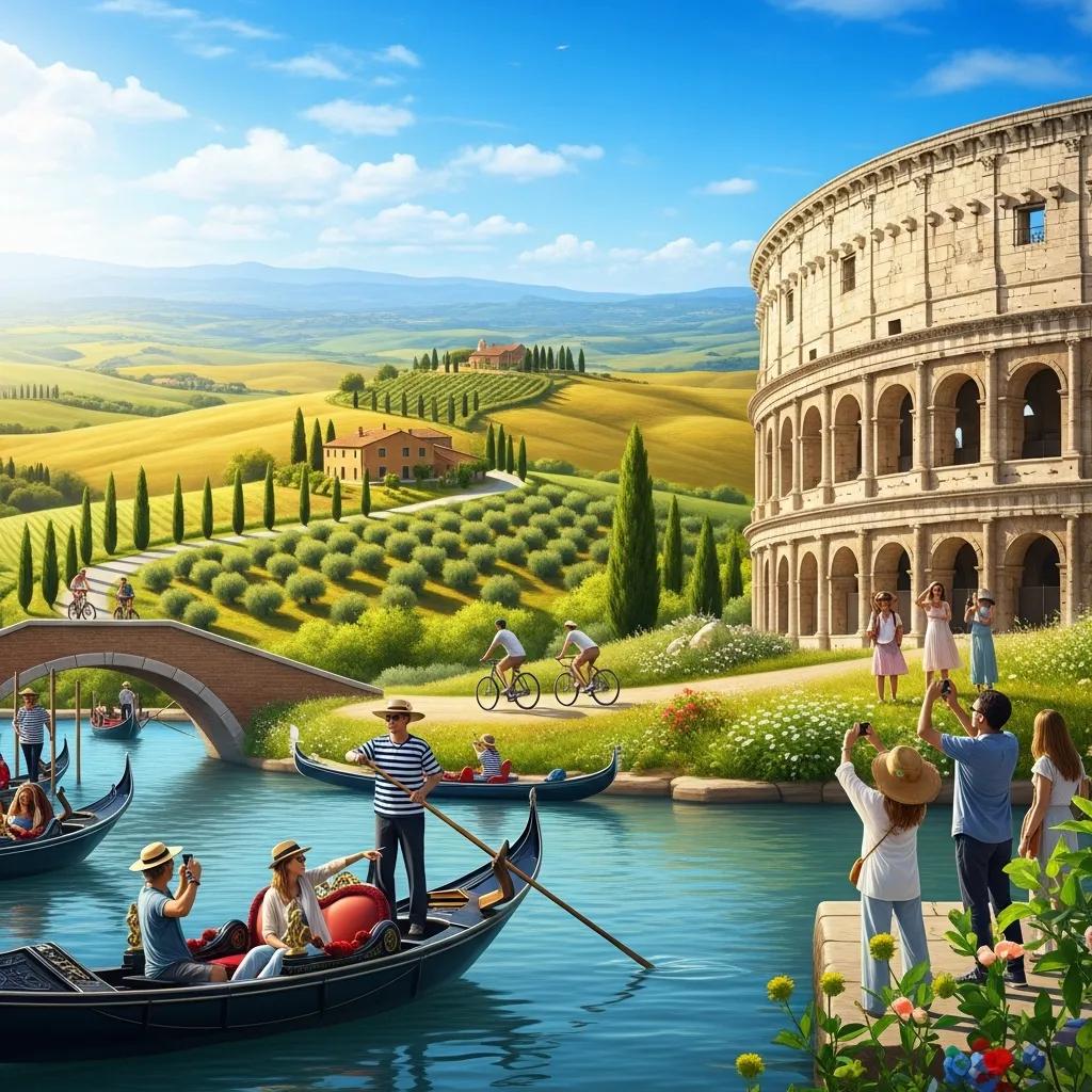 Travelers exploring iconic Italian landmarks like the Colosseum and gondolas in Venice, capturing the essence of Italy travel