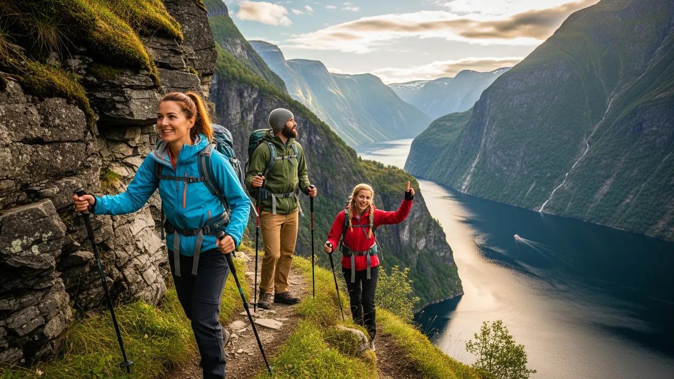 Travelers hiking in the Norwegian fjords, showcasing outdoor adventure opportunities