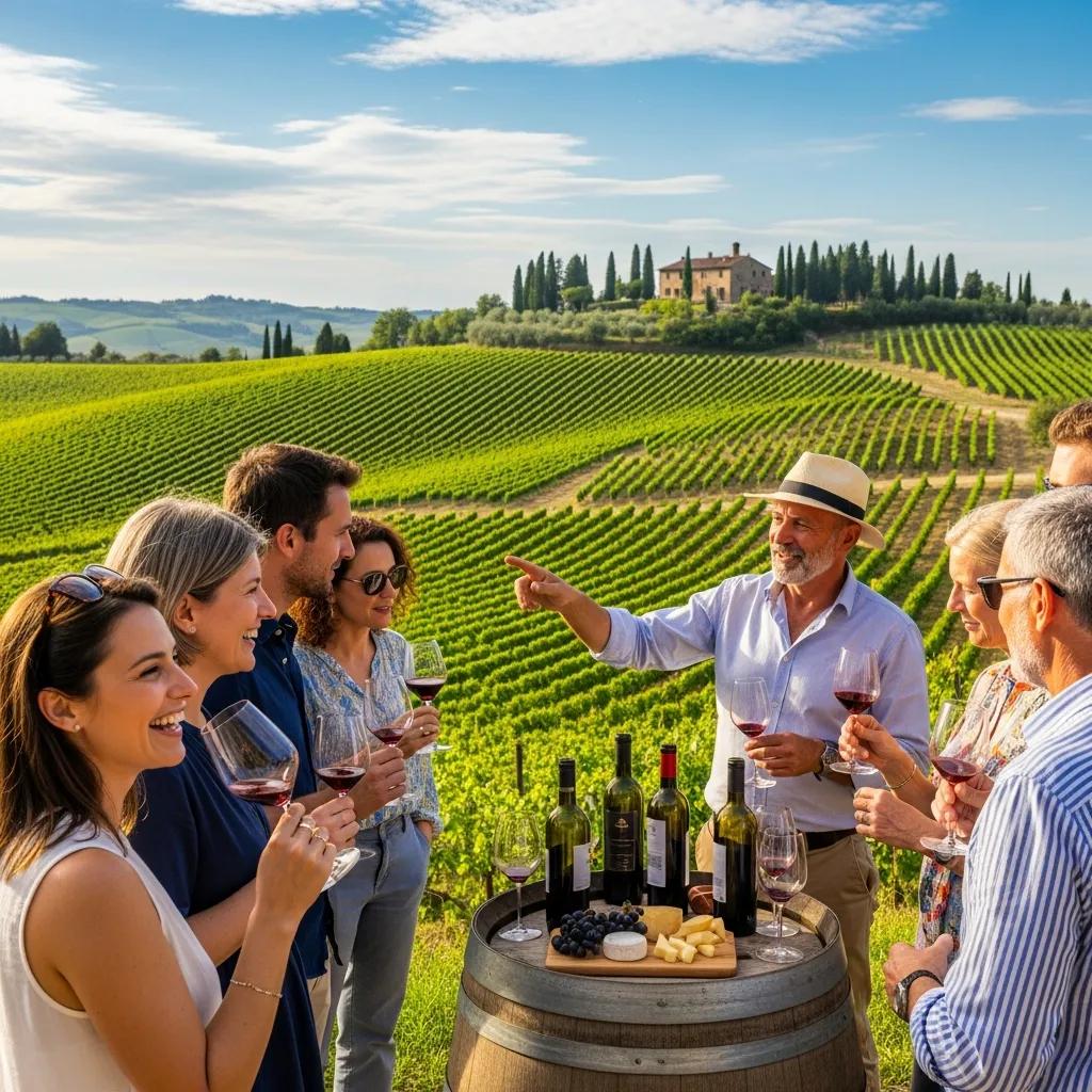 Travelers on a wine tour in Tuscany, experiencing local culture and scenic landscapes