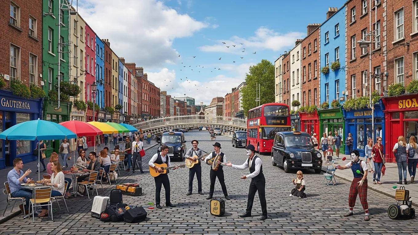 Vibrant Dublin street scene with iconic landmarks and lively atmosphere