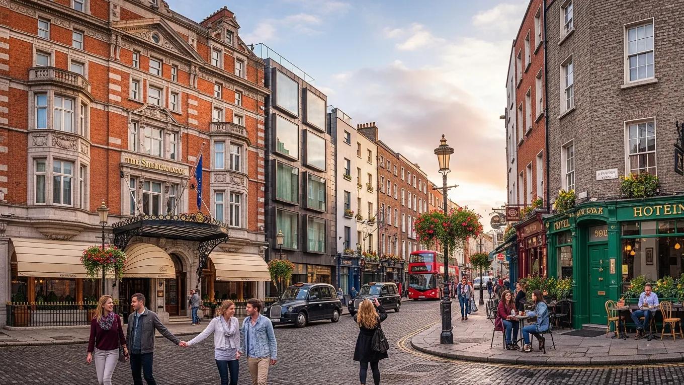 Vibrant Dublin street with luxury and boutique hotels highlighting the best places to stay in Ireland