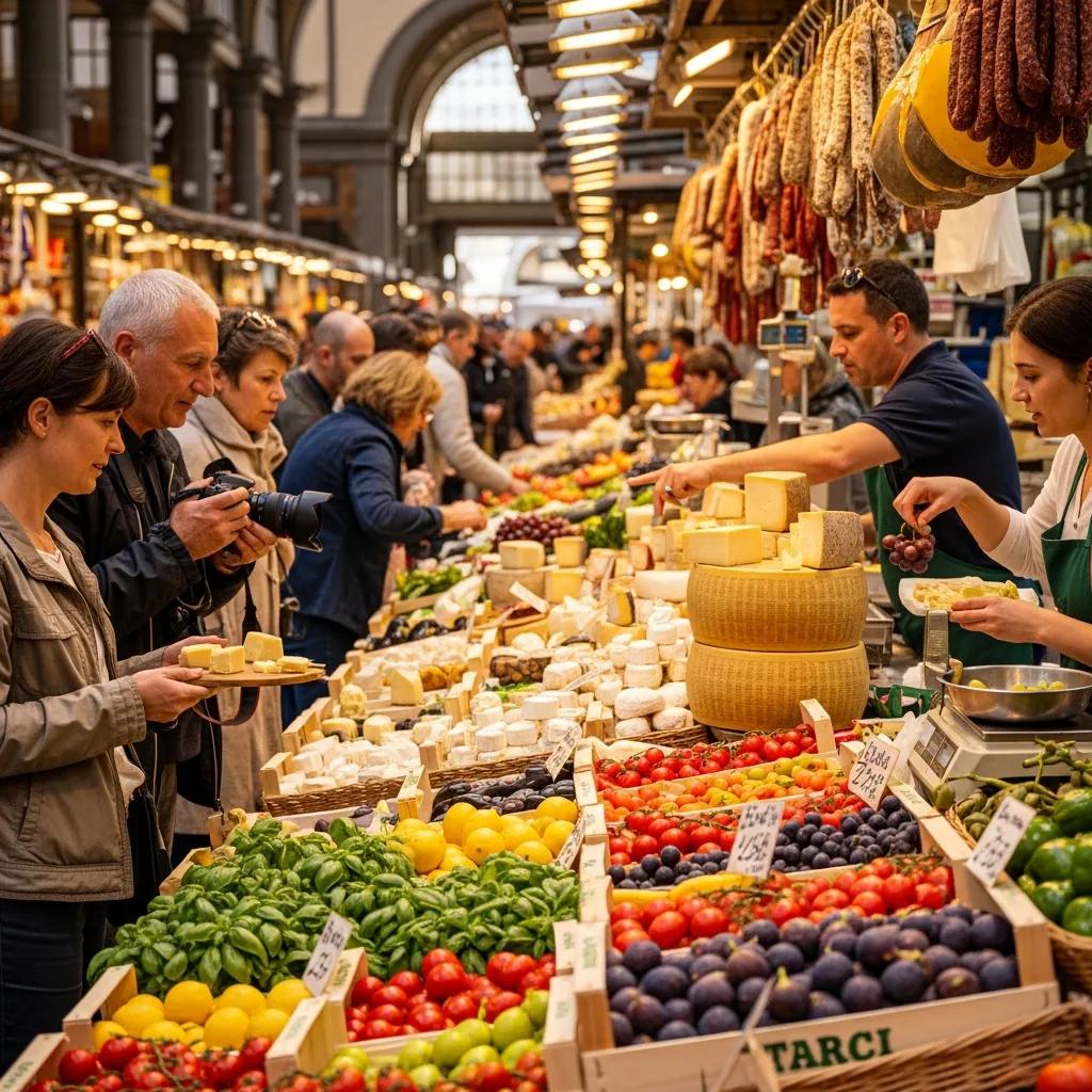 Vibrant food market in Florence with fresh produce and local specialties