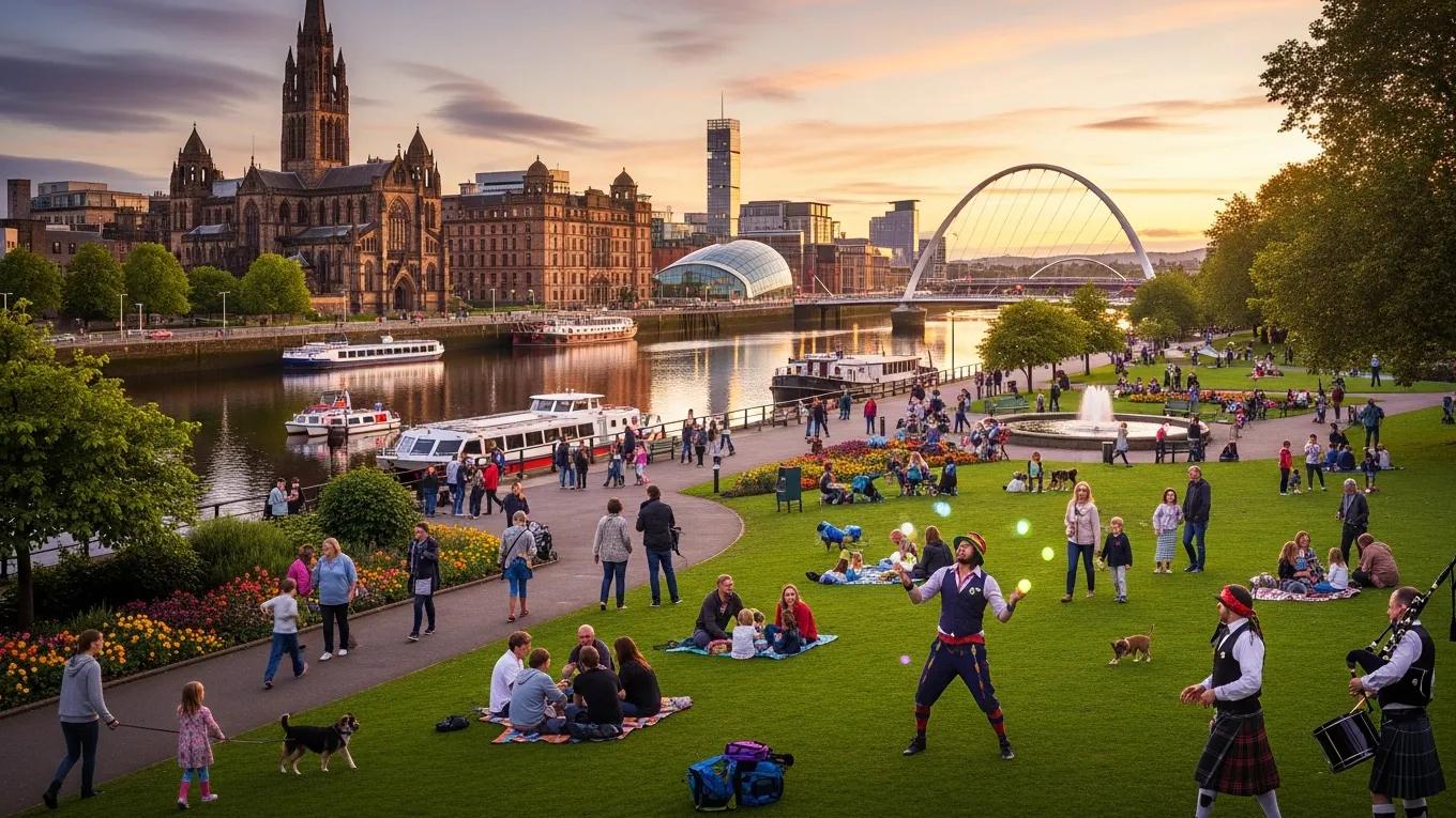 Vibrant Glasgow skyline featuring iconic landmarks and lively outdoor activities