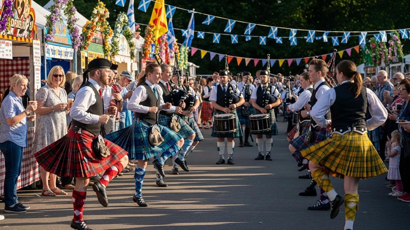 Vibrant scene from a Scottish festival showcasing traditional dancers and local culture