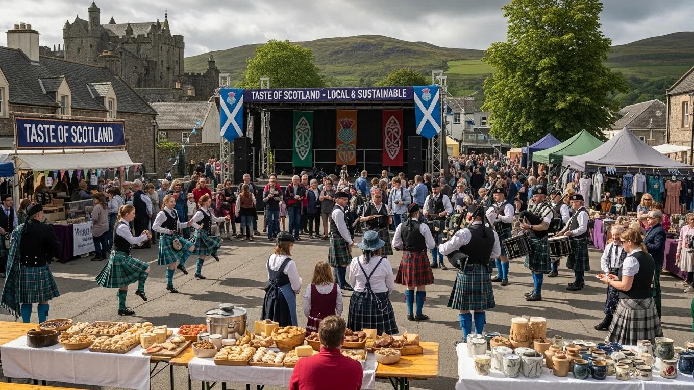 Vibrant scene of a Scottish festival showcasing traditional music, dance, and local cuisine, reflecting cultural experiences in Scotland