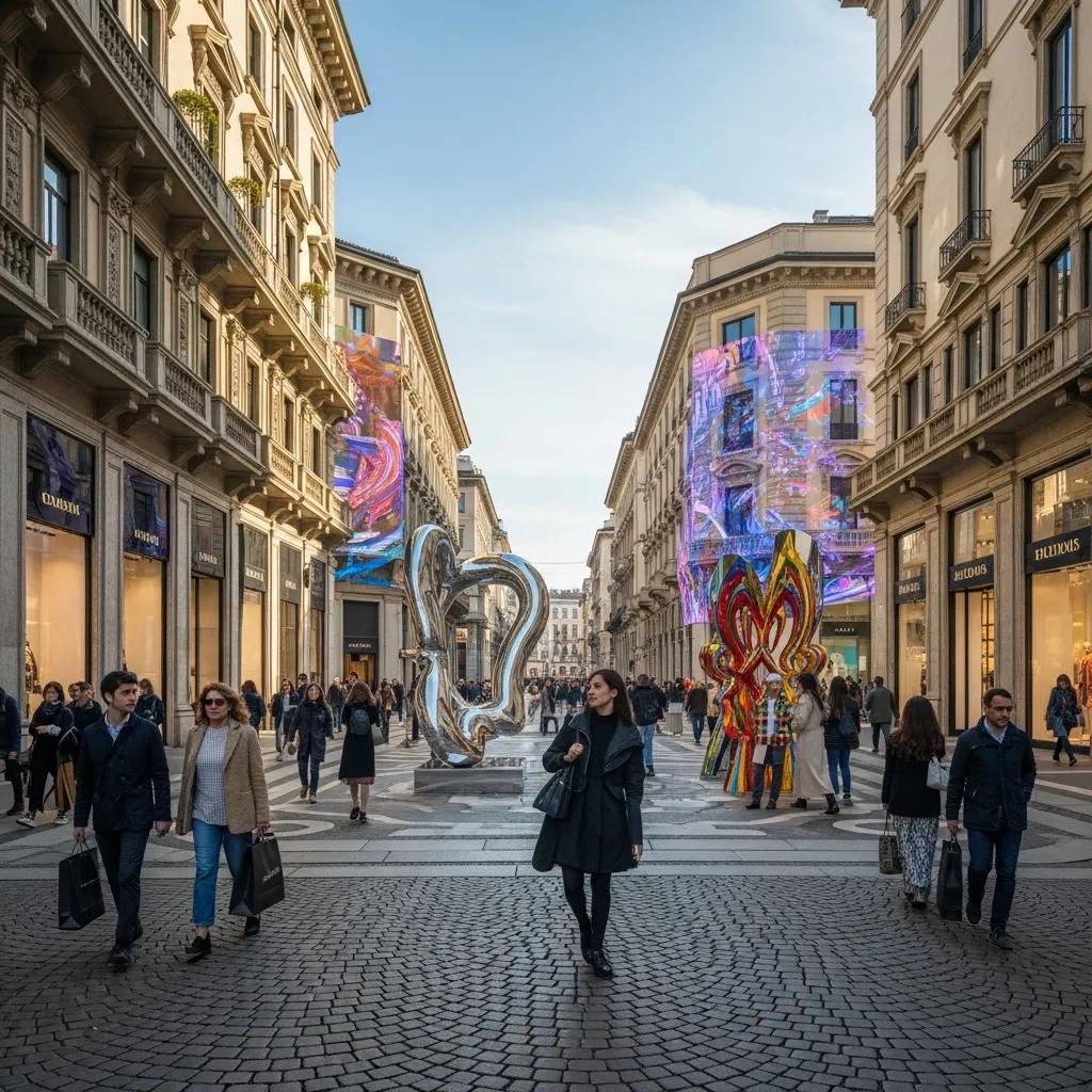 Vibrant street scene in Milan highlighting fashion boutiques and art installations