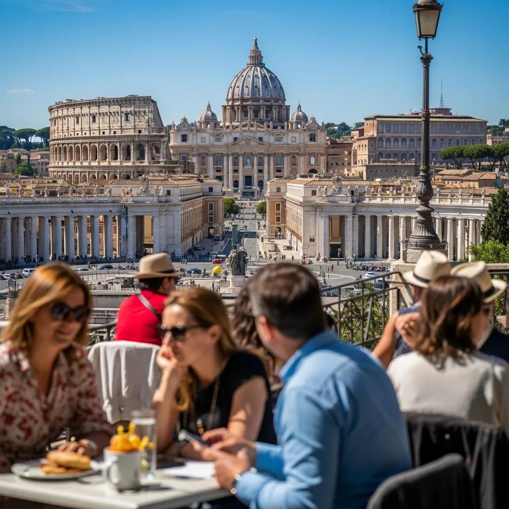Vibrant view of Rome's iconic landmarks with people enjoying the atmosphere