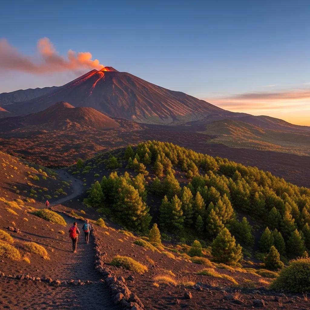 View of Mount Etna with hikers exploring the volcanic landscape