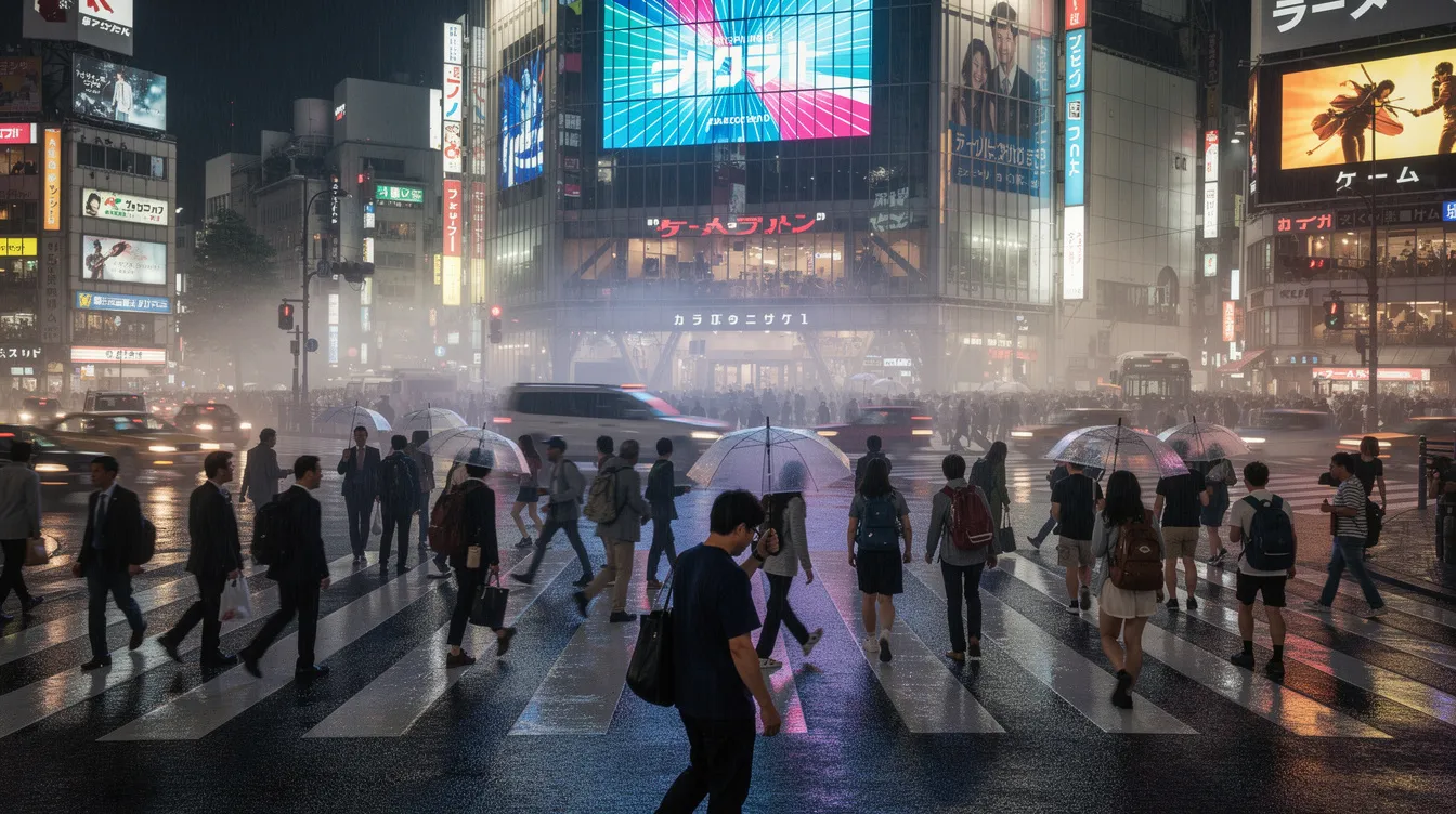 Bustling nighttime scene at Shibuya Scramble Crossing in Tokyo, illuminated by neon billboards with crowds of pedestrians — one of Japan's most iconic tourist sites.
